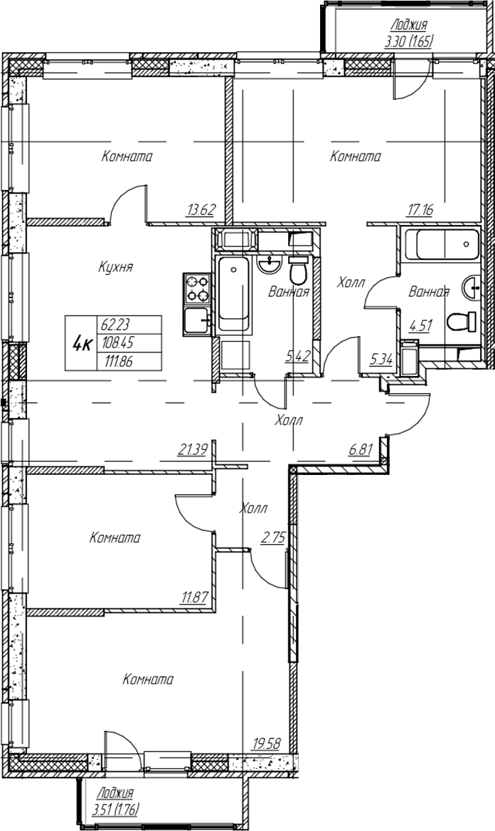 4-комнатная квартира 111.86 м², 18/22 эт., ЖК «Парк-квартал Юнтолово»